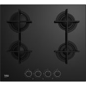 Beko Piano cottura a gas HILG64225SB 60 cm, comandi frontali, griglie in ghisa semi-continue, 4 bruciatori, Cristallo nero
