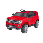 E-Spidko Auto elettrica Land Rover Discovery 12V, colore rosso, mis. 103 x 69 55 cm, accensione con effetti sonori, clacson funzionante, cinture di sicurezza, retromarcia, fari LED anteriori, quattro ruote ammortizzate, confano apribile, portata massima 3